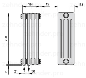 Схема (чертеж) Радиатор Zehnder Charleston 5075/4 №3370 Белый глянцевый RAL 9016